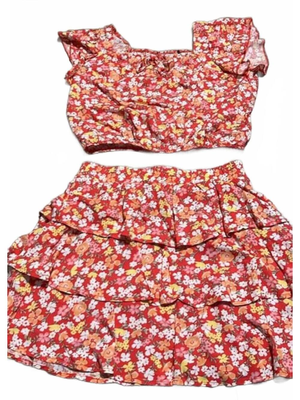 Floral Crop Top Skirt Set Girls Size 10 Tiered Two-Piece Three Pink Hearts NWOT
